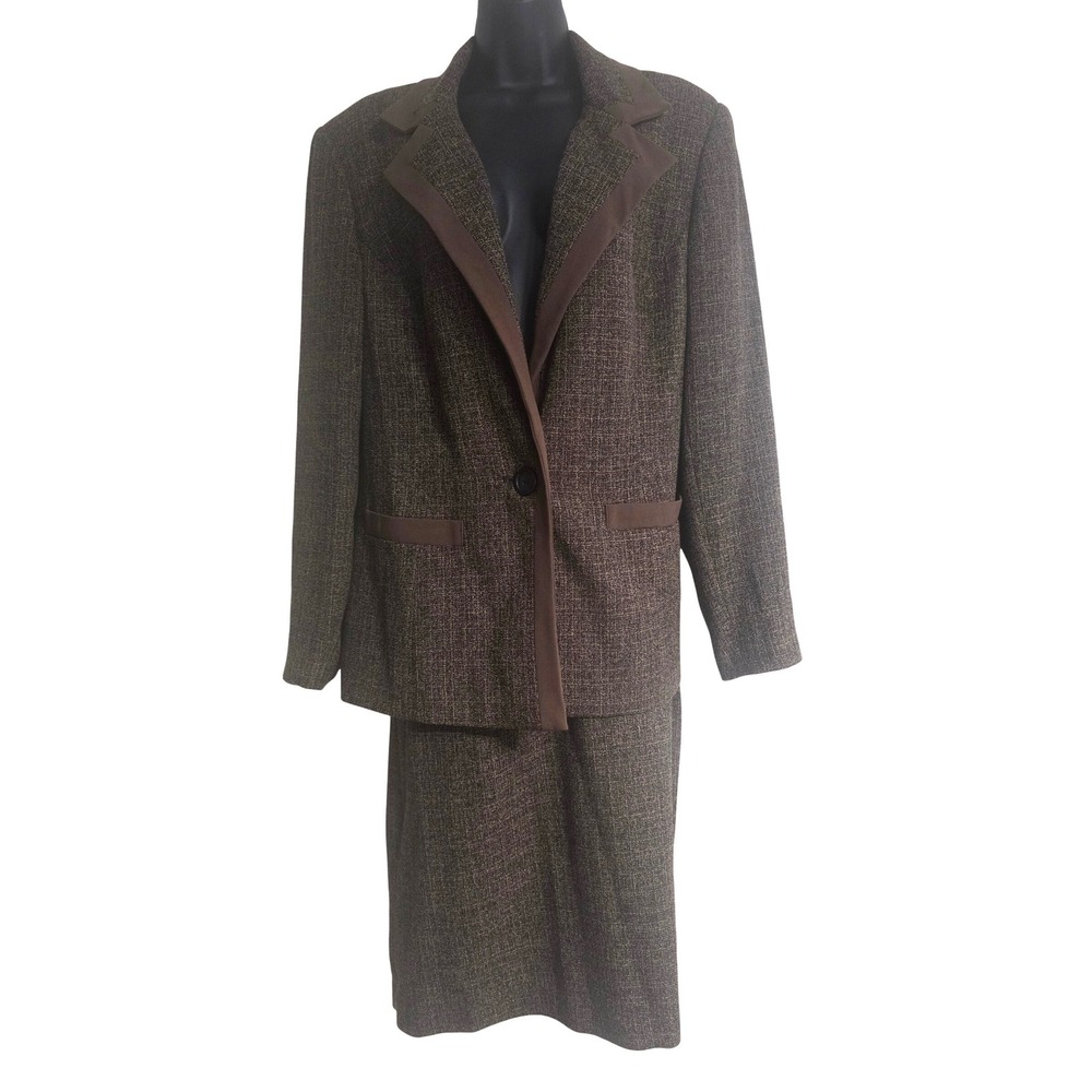 Justin Taylor Womens Brown Tweed Skirt Suit Blazer Pencil Skirt Set Vintage 16